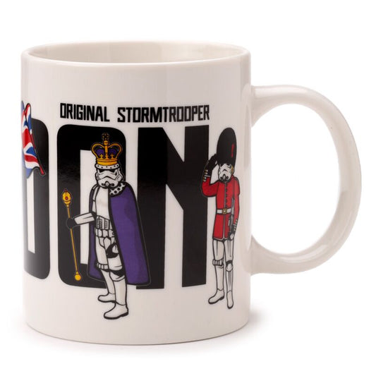 Porcelain mug featuring The Original Stormtrooper London design, with stormtroopers, a crown, and Union Jack flag.