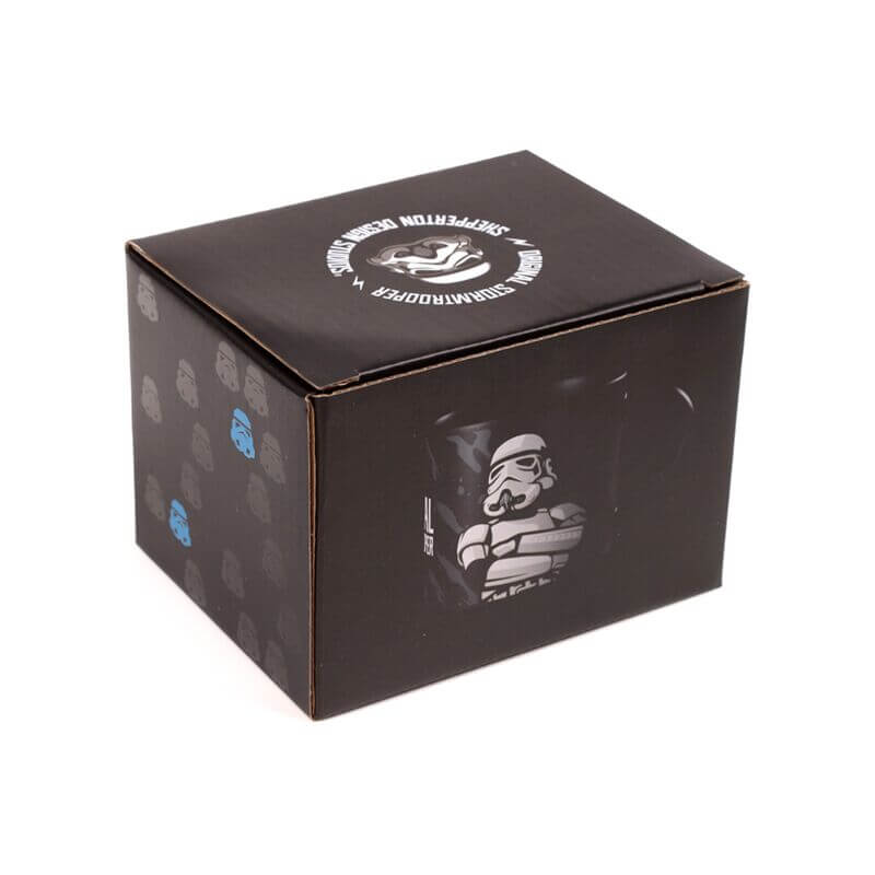 Box packaging for Large Porcelain Mug - The Original Stormtrooper, black box with Stormtrooper graphic and circular logo.