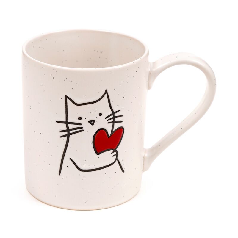 Stoneware mug with a line-drawn cat holding a red heart on speckled white ceramic.