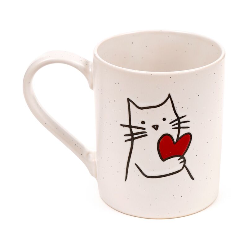 Stoneware mug featuring a minimalist black cat holding a red heart on a white speckled glaze.