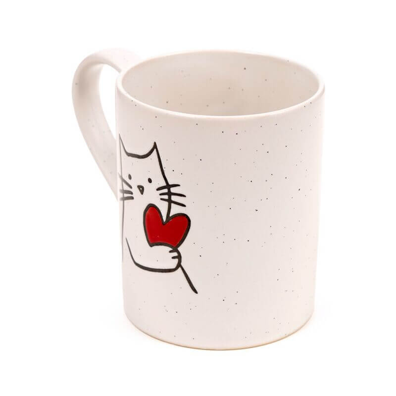 Stoneware mug featuring a cat with a red heart on speckled white ceramic.