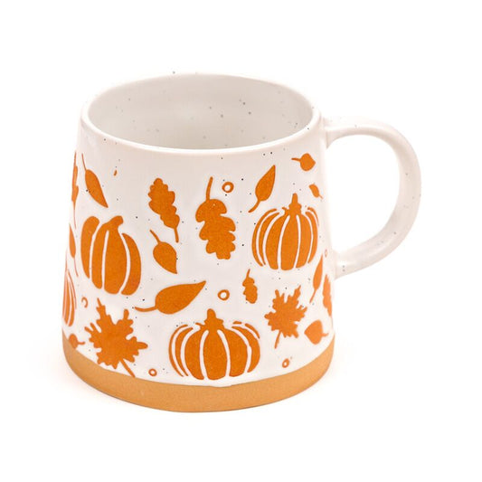 Stoneware Mug – Pumpkin with orange pumpkins and leaves on white ceramic, orange base.