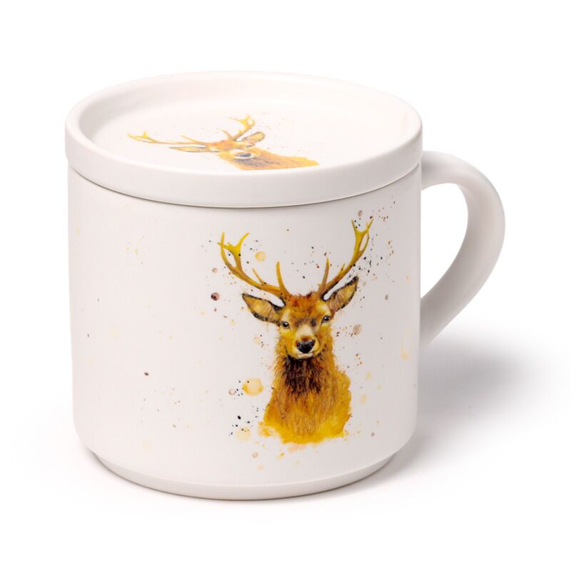 Porcelain mug with stag illustration and matching lid-coaster, white ceramic, 420ml, Jan Pashley Stag.
