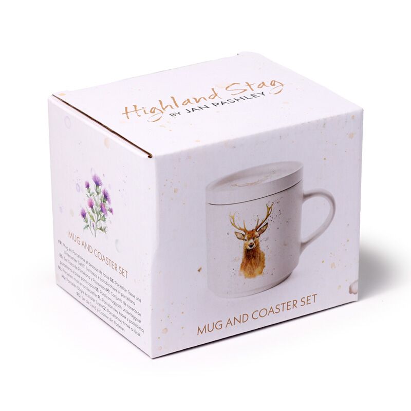 Porcelain Mug & Coaster Lid Set by Jan Pashley Stag – white box with stag mug image; 1 mug and 1 coaster (420ml)