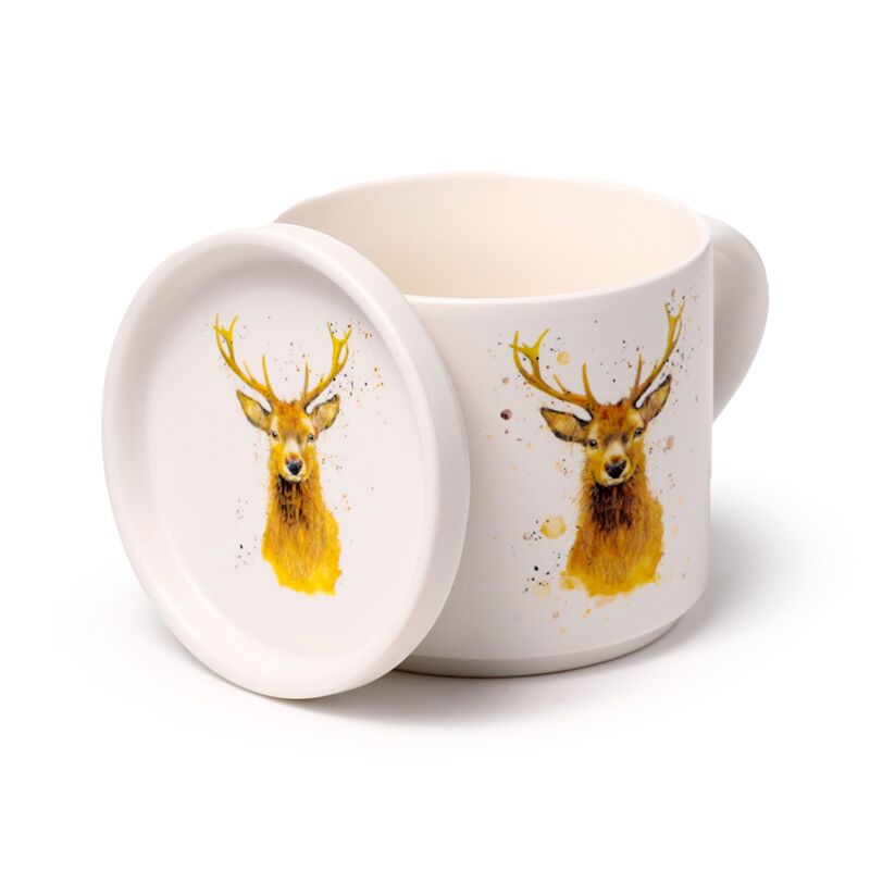 Porcelain mug and coaster lid set with stag design by Jan Pashley, 420ml.