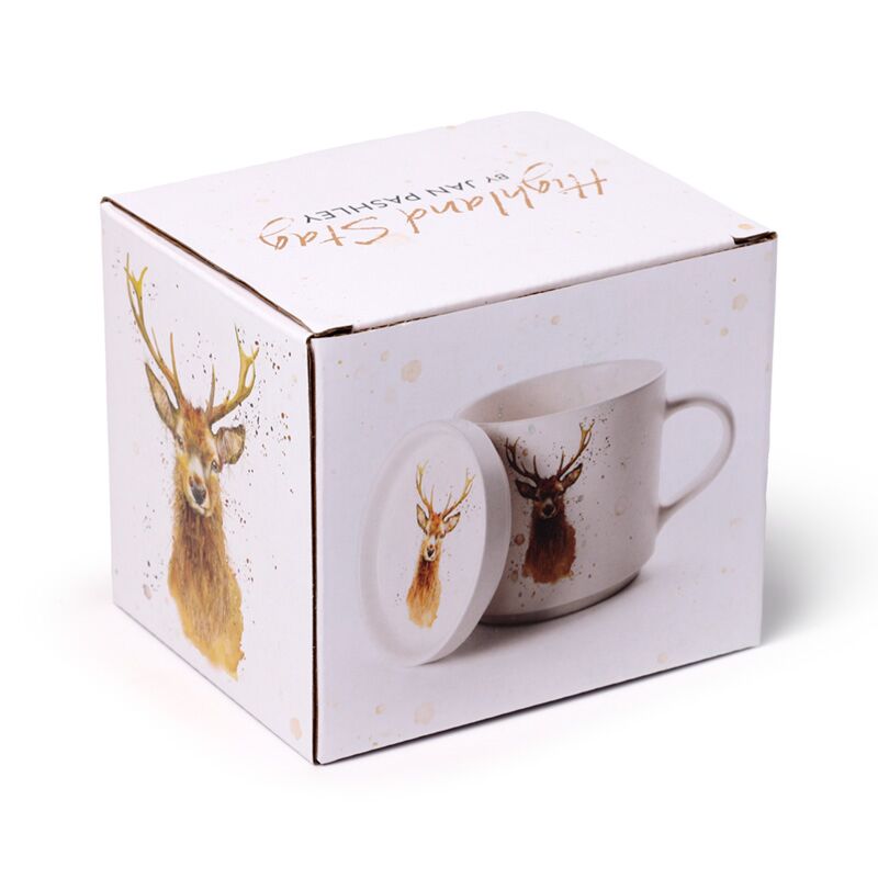 Porcelain mug and coaster lid set featuring stag by Jan Pashley, 420ml, boxed.