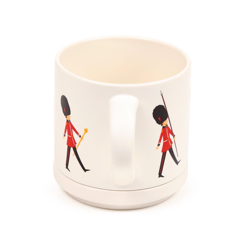 Porcelain mug and coaster lid set featuring London Guardsman, London souvenir.