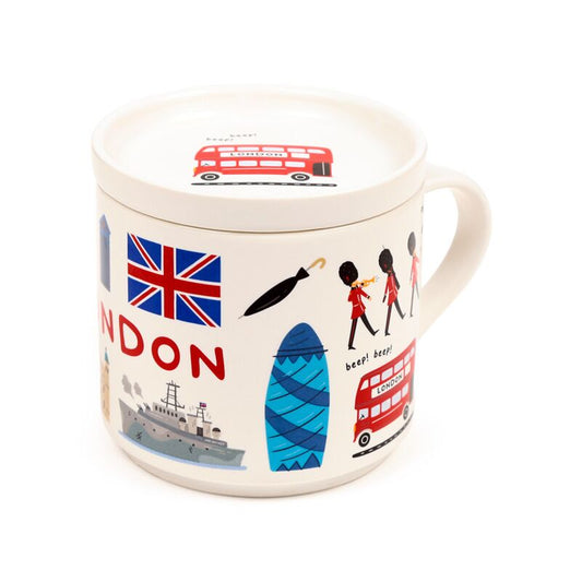 Porcelain mug with lid and coaster featuring London landmarks, including a red double-decker bus and Union Jack.