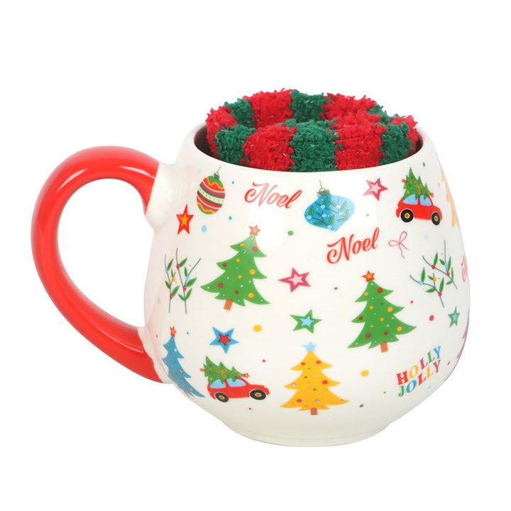 Cozy up with the Nostalgic Christmas Print Mug and Socks Set, featuring a festive mug and stripy socks for warmth.