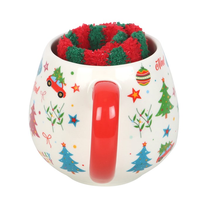 Festive Nostalgic Christmas Print Mug and Socks Set, perfect for cosy winter nights with a warm brew and toasty toes.