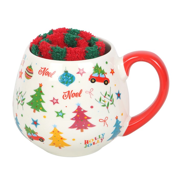 Nostalgic Christmas Print Mug and Socks Set featuring a festive mug and cosy stripy socks for winter warmth.