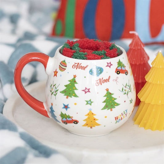 Festive Nostalgic Christmas Print Mug and Socks Set, perfect for cosy evenings with a warm drink and toasty toes.