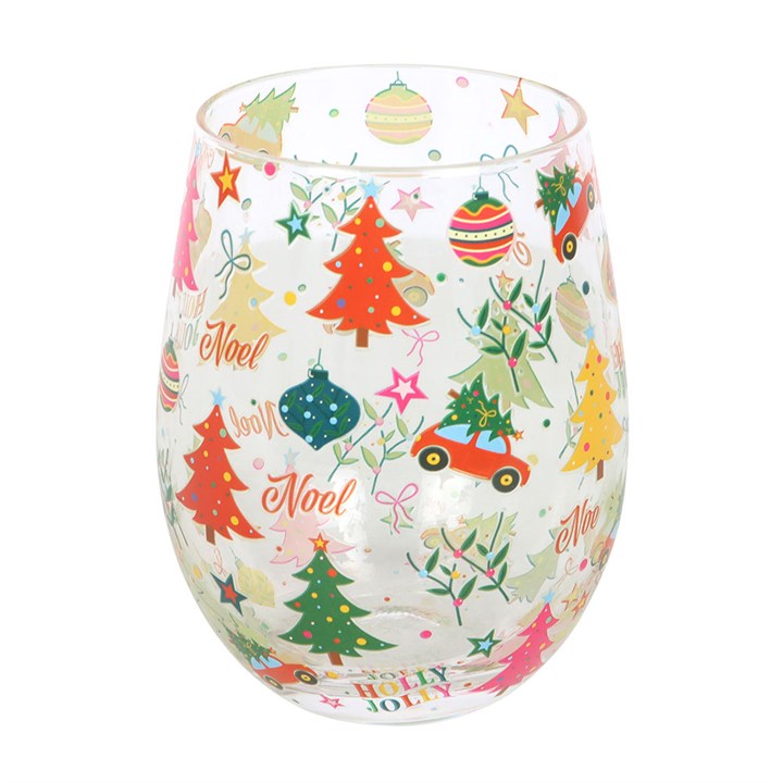 Bright and festive Nostalgic Christmas Print Stemless Glass, perfect for seasonal drinks and holiday celebrations.
