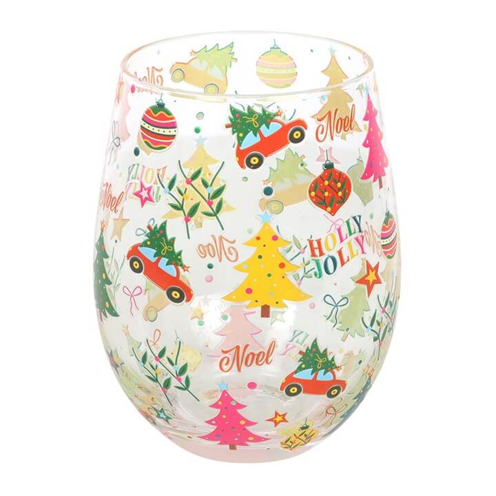 Celebrate the season with the Nostalgic Christmas Print Stemless Glass, featuring vibrant festive designs and colours.