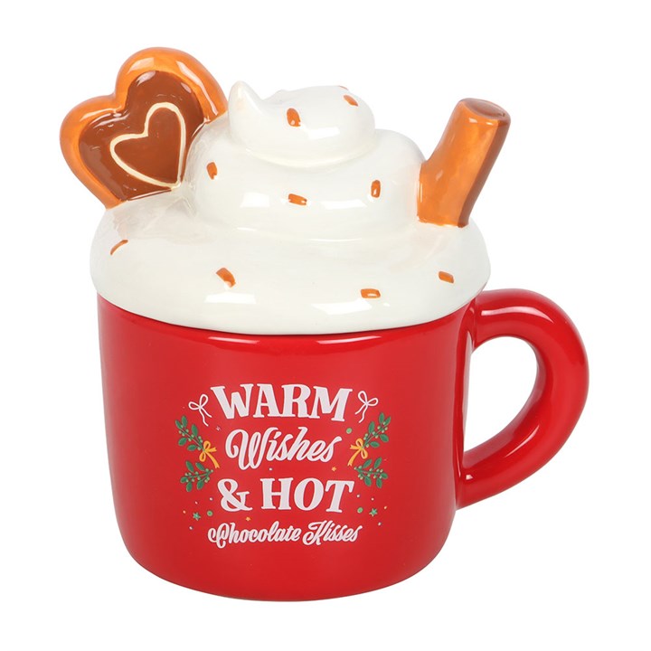 Hot Chocolate Mug Shaped Oil Burner - red ceramic mug with whipped cream lid, cosy winter warmth.
