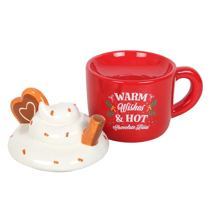 Hot Chocolate Mug Shaped Oil Burner – red ceramic mug with festive text, plus white mug-shaped burner.