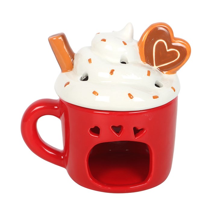 Hot Chocolate Mug Shaped Oil Burner by Cosy Winter - festive ceramic mug oil burner with whipped cream top and hearts