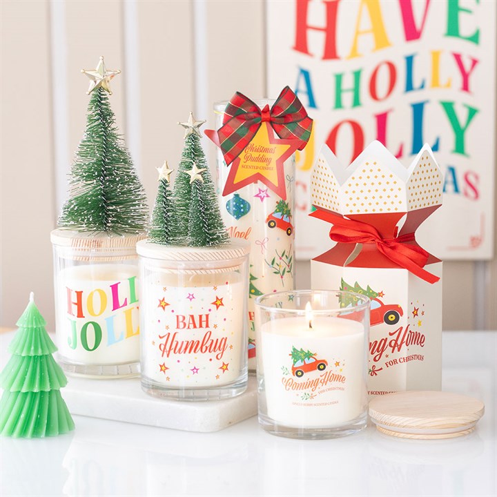 Brightly decorated Nostalgic Christmas Print Christmas Pudding Scented Tube Candle, perfect for festive gifting or decor.