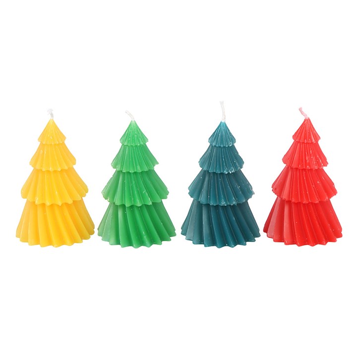 Brighten your festive decor with the Set of 4 Colourful Christmas Tree Candles in red, green, blue, and yellow.