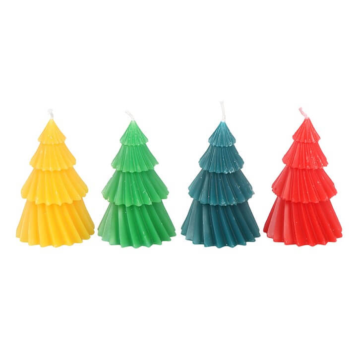 Brighten your festive decor with the Set of 4 Colourful Christmas Tree Candles in red, green, blue, and yellow.