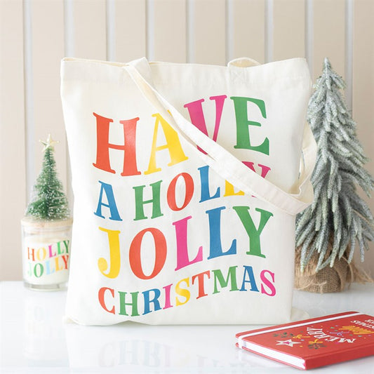 Bright and joyful Holly Jolly Christmas Polyester Tote Bag, perfect for festive shopping and carrying holiday essentials.