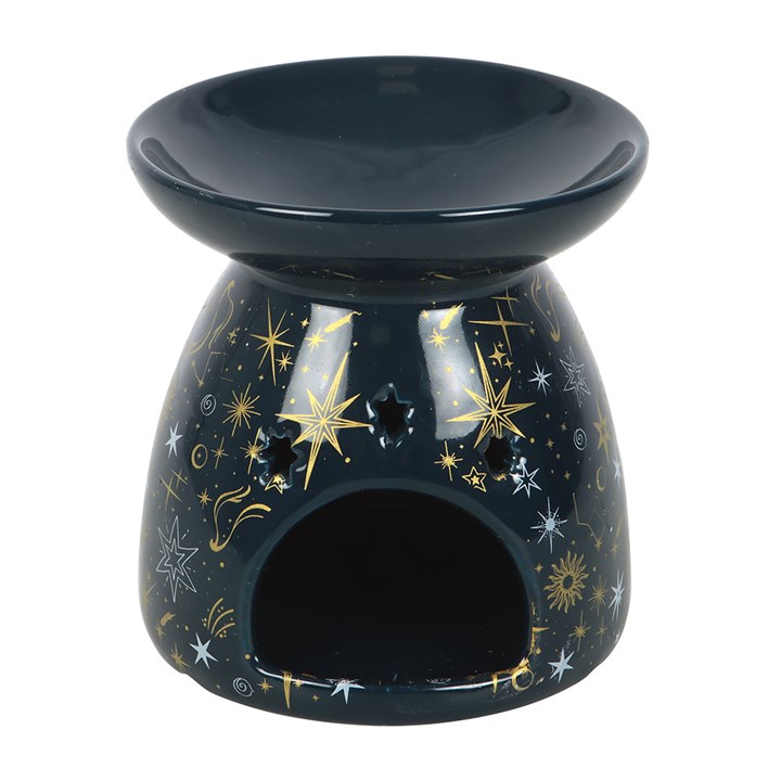 Blue Starry Night Oil Burner and Wax Warmer in dark ceramic with gold star pattern and top dish.