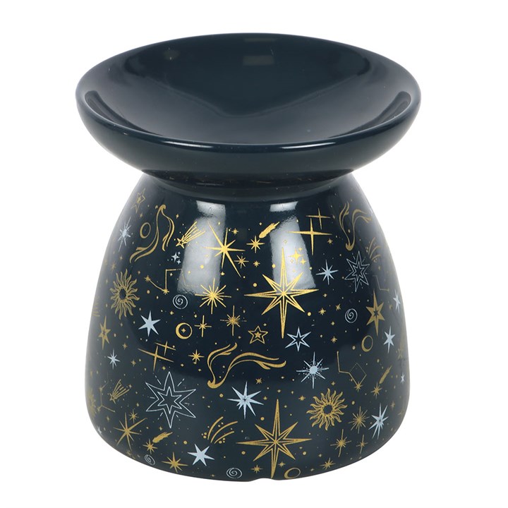 Blue Starry Night Oil Burner and Wax Warmer ceramic oil burner with navy glaze and gold and white stars