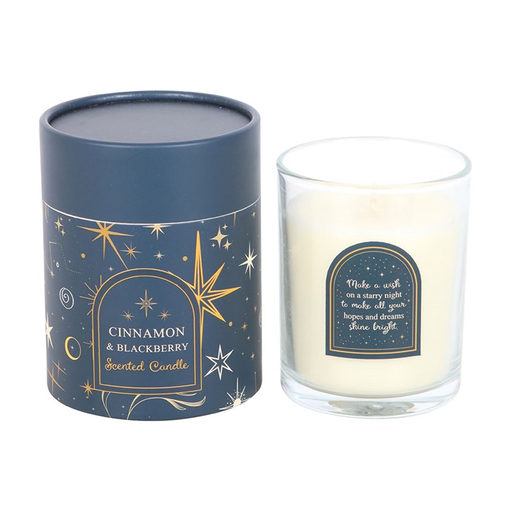 Starry Night Cinnamon & Blackberry Candle adds warmth and festive aroma to any space with its elegant starry design.