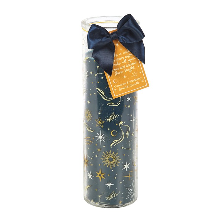 Starry Night Cinnamon tube candle featuring a celestial design, perfect for festive décor and a warm, inviting glow.
