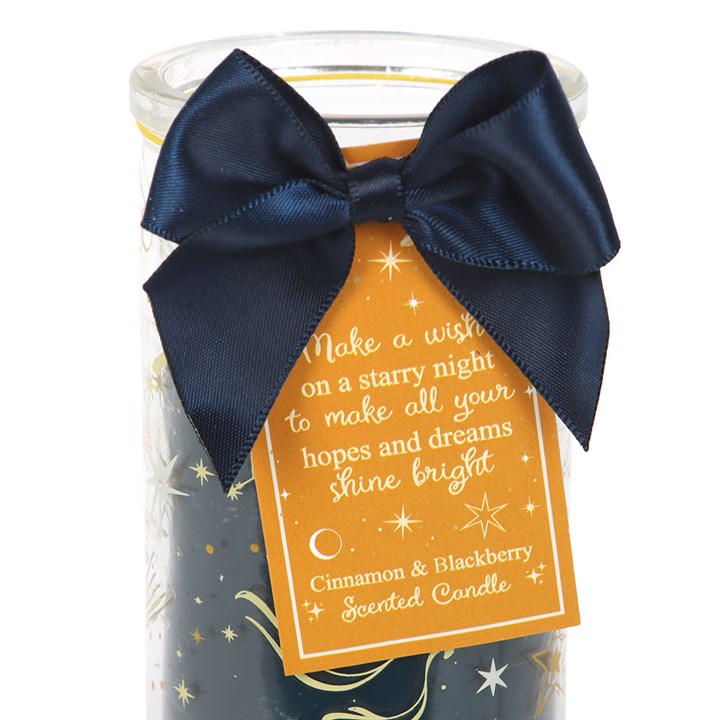 Starry Night Cinnamon & Blackberry tube candle adorned with a navy ribbon, radiating warmth and enchantment.