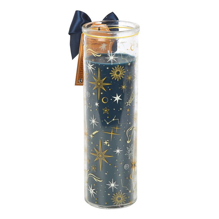 Starry Night Cinnamon tube candle, featuring a celestial design and comforting cinnamon-blackberry aroma, perfect for festive decor.