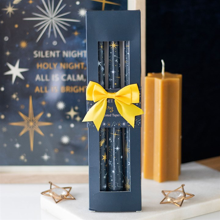 Elegant Set of 3 Starry Night Taper Candles - unscented, perfect for festive table settings and year-round décor.