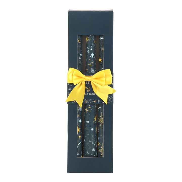 Elegant set of 3 Starry Night Taper Candles - unscented, perfect for celestial décor and festive table settings.