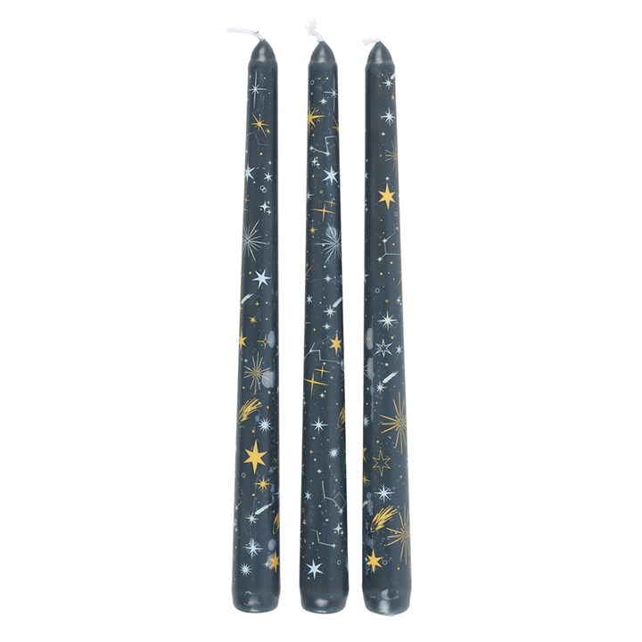 Elegant Set of 3 Starry Night Taper Candles - unscented, perfect for festive table settings or celestial décor.