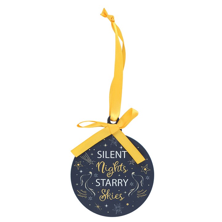 Silent Nights Starry Skies Bauble features a navy background with golden stars and a ribbon, perfect for festive decoration.