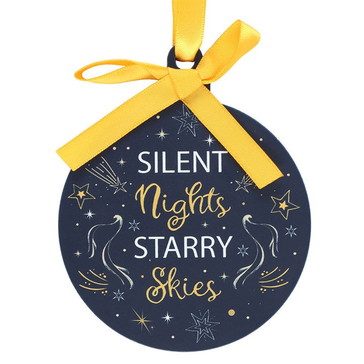 Decorate your tree with the Silent Nights Starry Skies Bauble, featuring gold stars on a navy background and a ribbon.