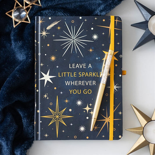 Leave A Little Sparkle A5 Notebook with Citrine Pen, featuring a celestial design and 200 lined pages for inspiration.