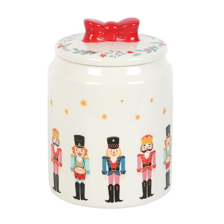 Festive Nutcracker Storage Jar with Bow, perfect for keeping biscuits and treats stylishly stored in your kitchen.