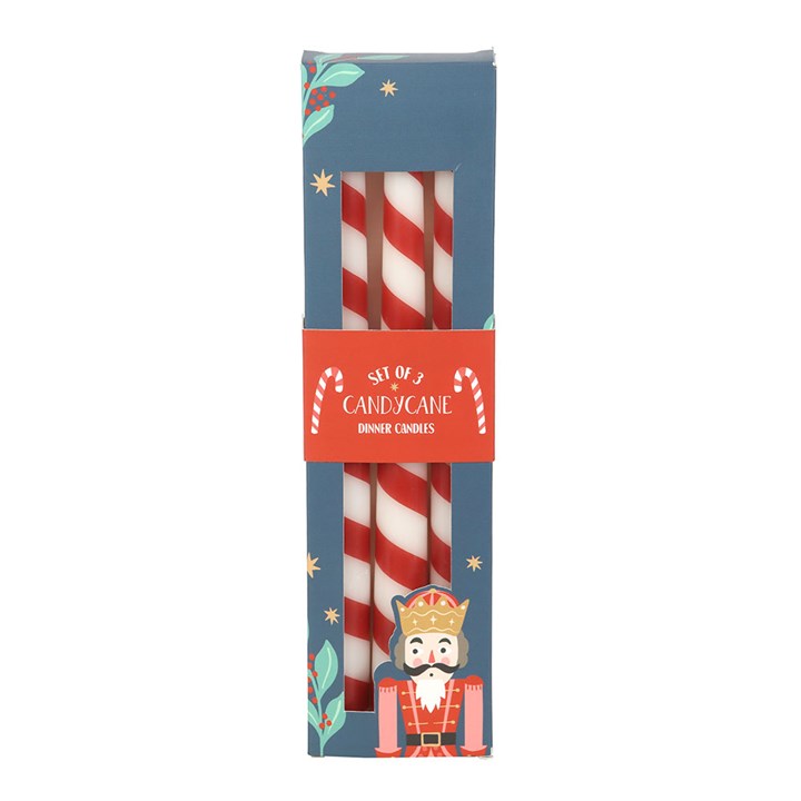 Set of 3 Candy Cane Stripe Taper Candles in festive red and white, perfect for Christmas décor at home.