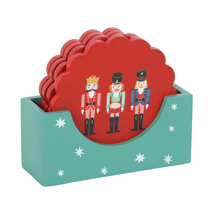 Nutcracker Coaster Set features festive red coasters with nutcracker designs, perfect for holiday table decor.