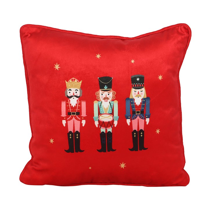 Square Nutcracker Cushion in red, featuring traditional nutcracker design, perfect for festive home decoration.