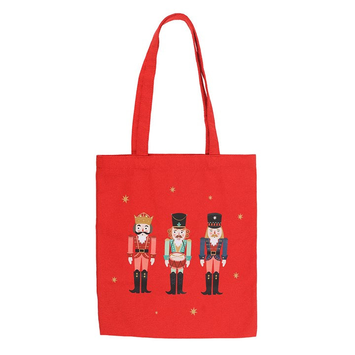 Festive Nutcracker Print Polycotton Tote Bag in red, perfect for Christmas shopping and gifts. Ideal for everyday use.