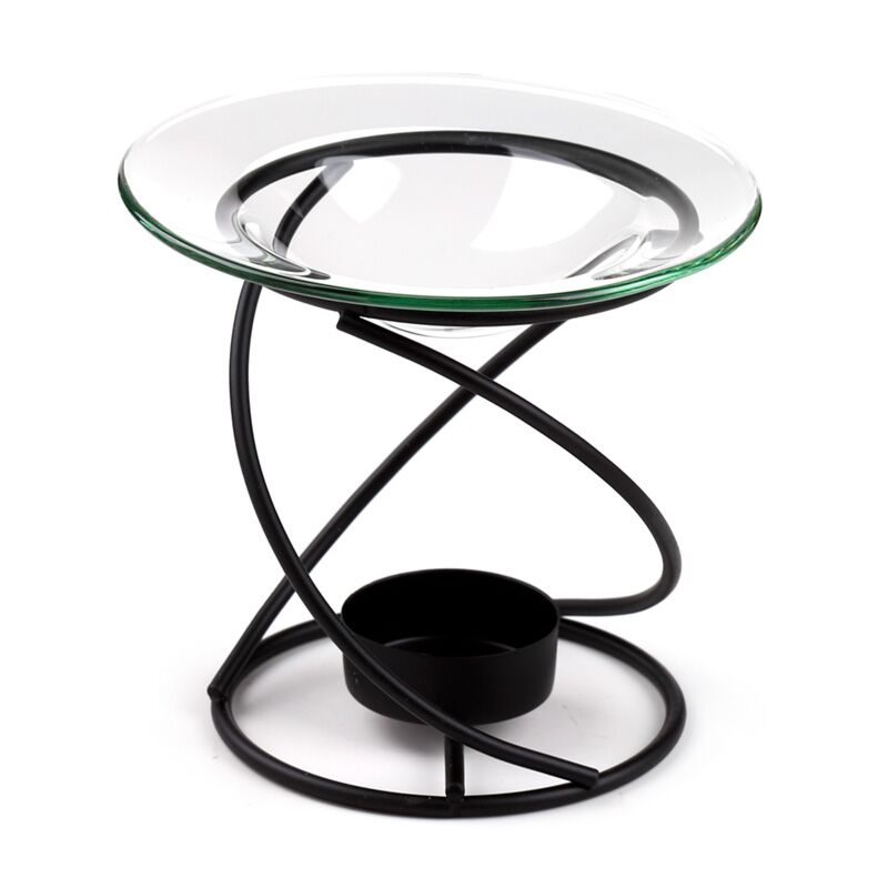 Thin spiral black metal oil and wax burner with glass dish on a curved frame.