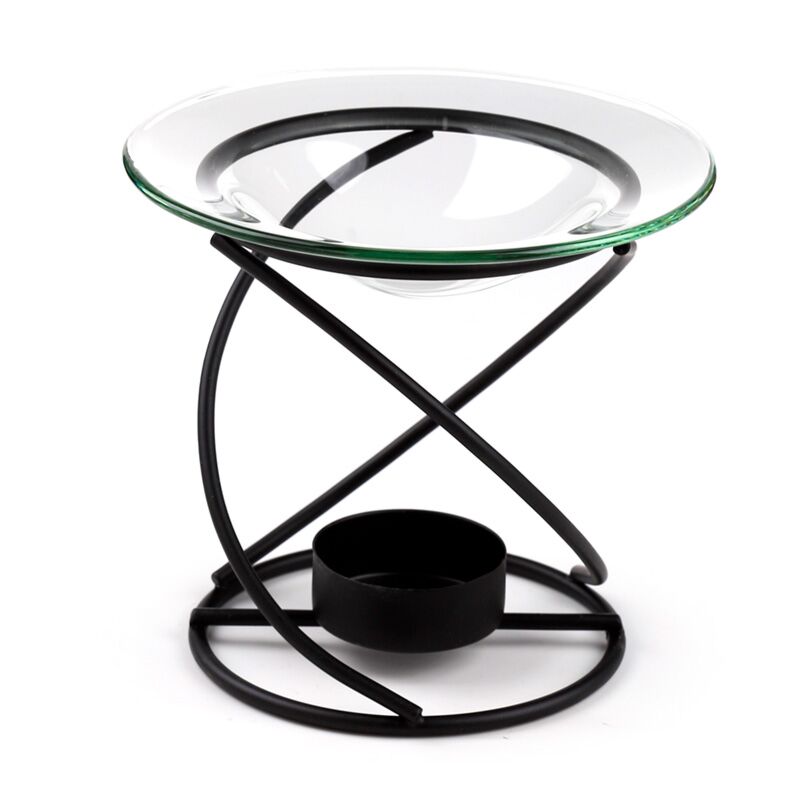 Thin spiral black metal oil and wax burner with glass dish and tealight holder.
