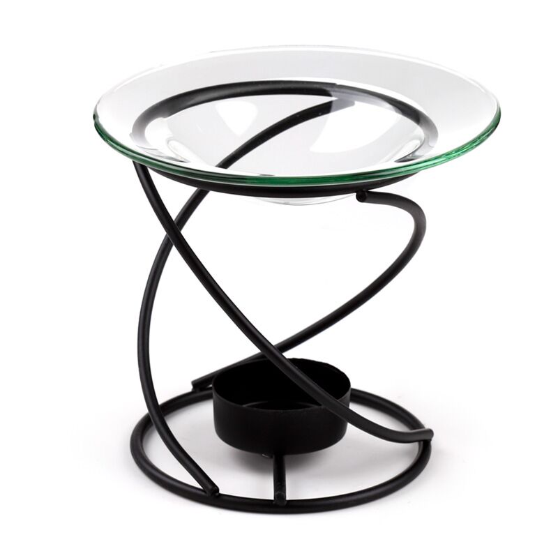 Thin spiral black metal oil and wax burner with glass dish on stand.