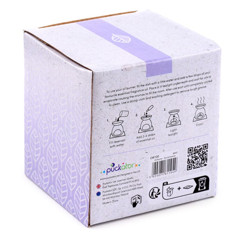 Box packaging for Thin Spiral Black Metal Oil & Wax Burner with Glass Dish; metal iron with glass dish.