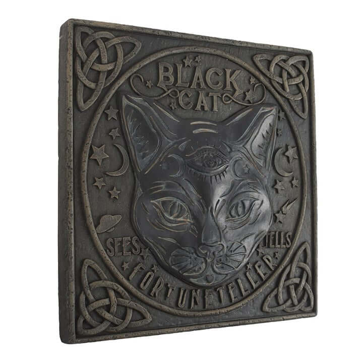 Black Cat Stepping Stone featuring a mystical design with celestial details, perfect for adding intrigue to any space.