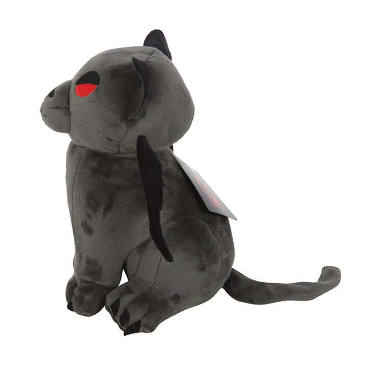 Vampire Cat Plush Toy: grey cat plush with red embroidered eyes, spooky gothic charm.