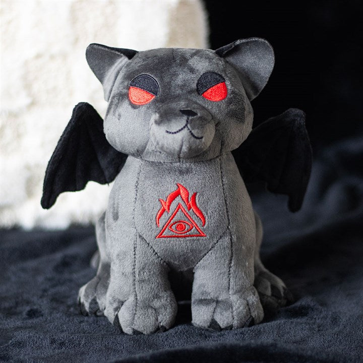 Vampire Cat Plush Toy – grey gothic cat with black bat wings and red embroidered eyes, from our store.