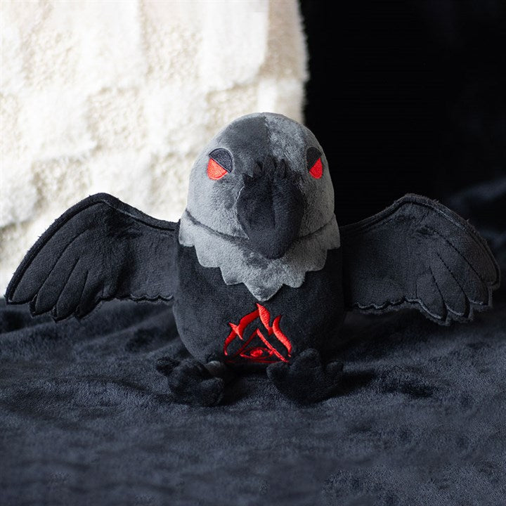 Raven Plush Toy: a dark grey gothic raven plush with red embroidered eyes and outstretched wings.